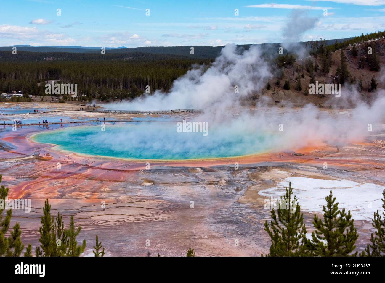High angle view of Grand Prismatic Spring, Midway Geyser Basin, Yellowstone National Park, Wyoming State, USA Stock Photo