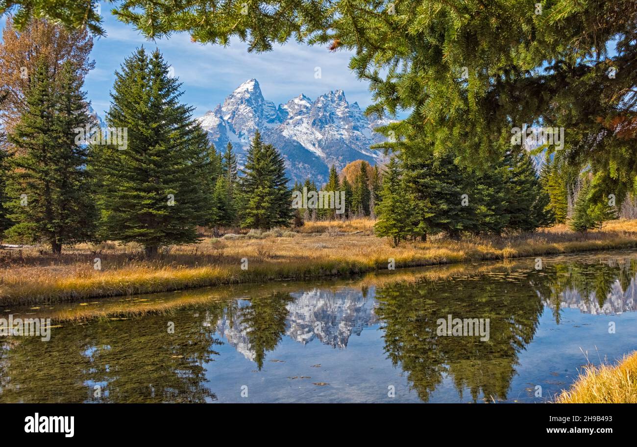 Reflection of the Grand Tetons in the river, Grand Teton National Park, Wyoming State, USA Stock Photo