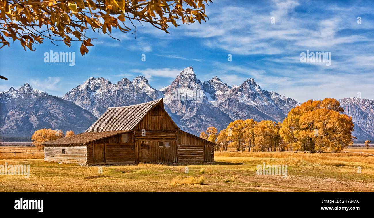 An old barn with mountain, Mormon Row, Grand Teton National Park, Wyoming State, USA Stock Photo