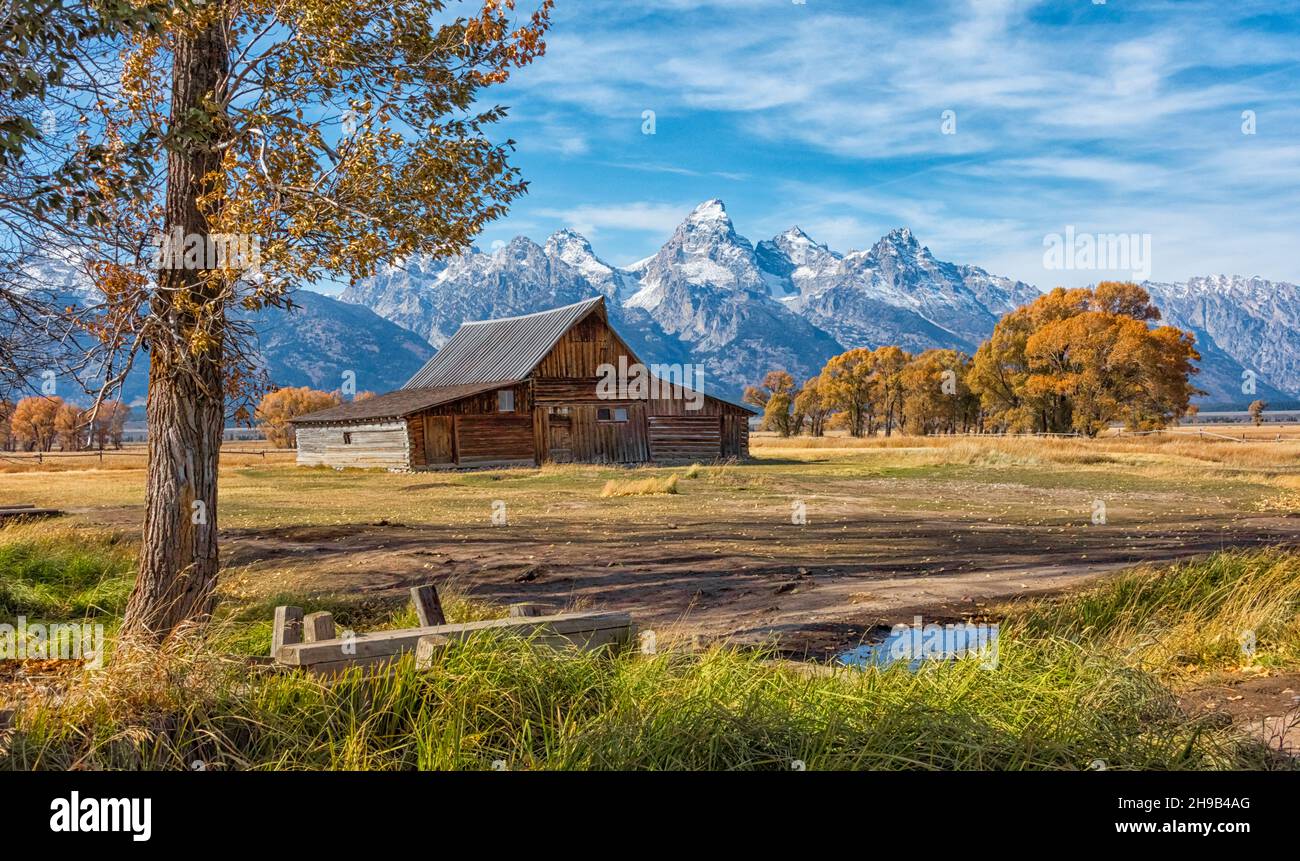 An old barn with mountain, Mormon Row, Grand Teton National Park, Wyoming State, USA Stock Photo