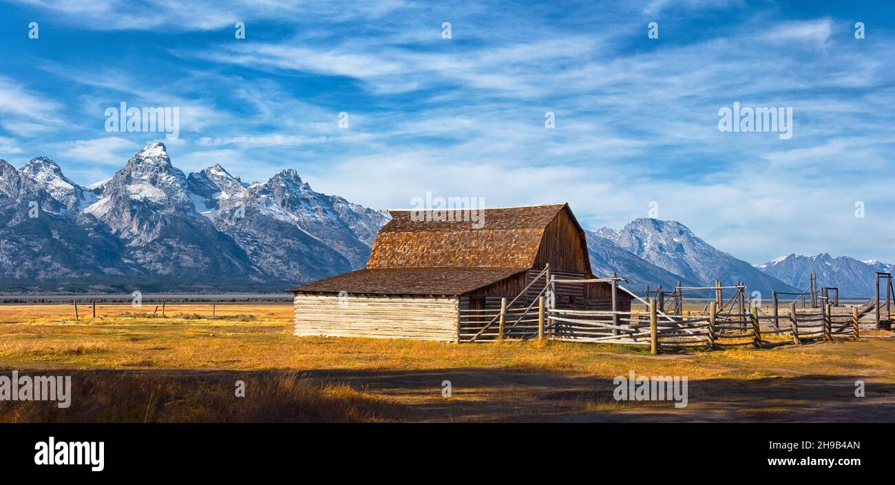 An old barn with mountain, Mormon Row, Grand Teton National Park, Wyoming State, USA Stock Photo