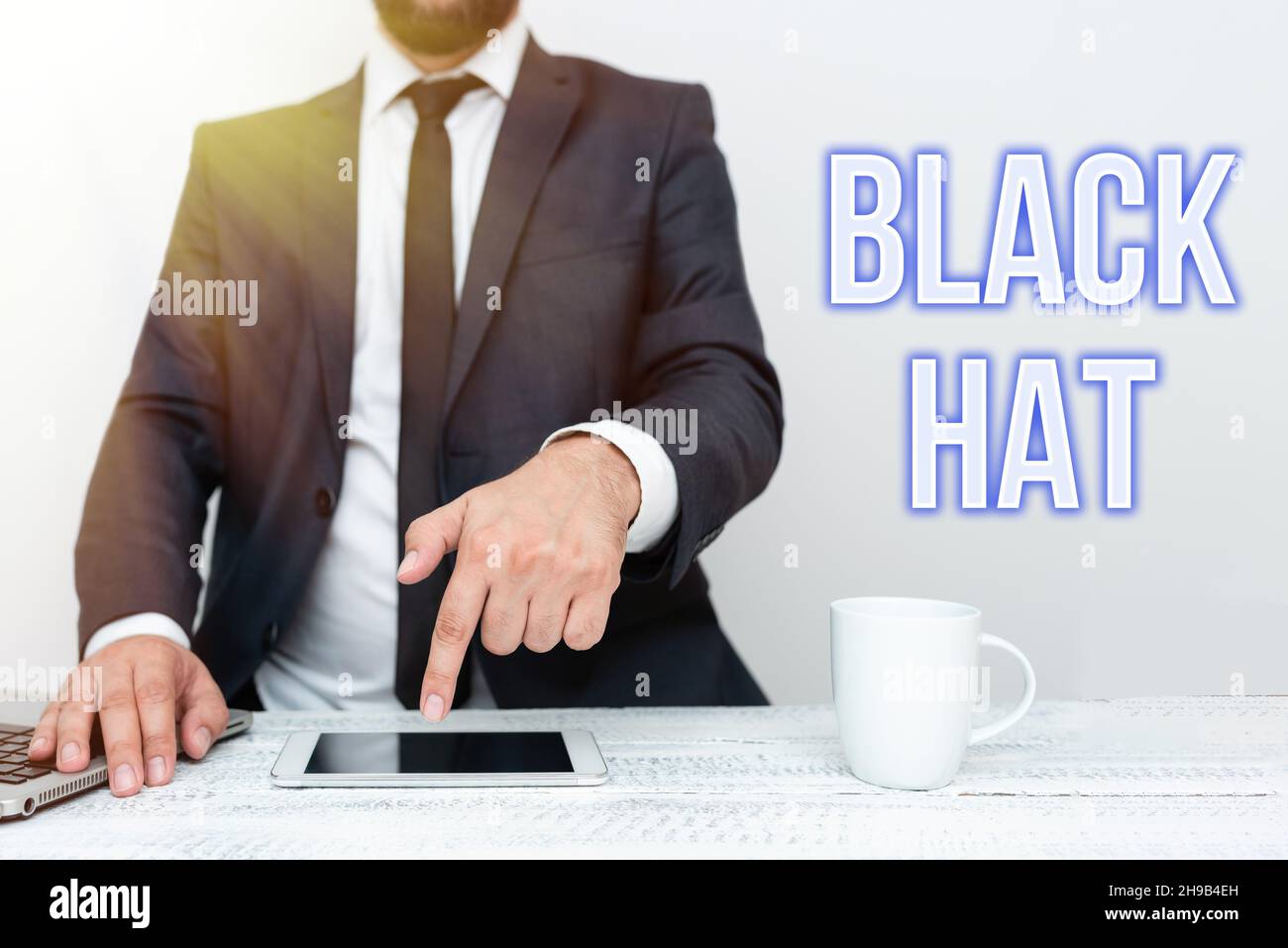 Inspiration showing sign Black Hat. Internet Concept used in reference to a  bad person especially a villain or criminal Remote Office Work Online Stock  Photo - Alamy