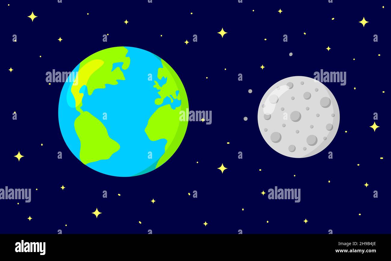 Earth and Moon on dark space starry background. Astronomy for kids ...