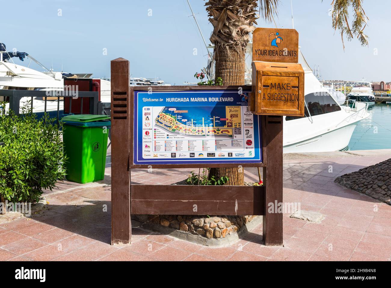 Hurghada, Egypt - May 31, 2021: Survey map, Marina Boulevard, New Marina, yacht harbour in Hurghada, Egypt. Stock Photo