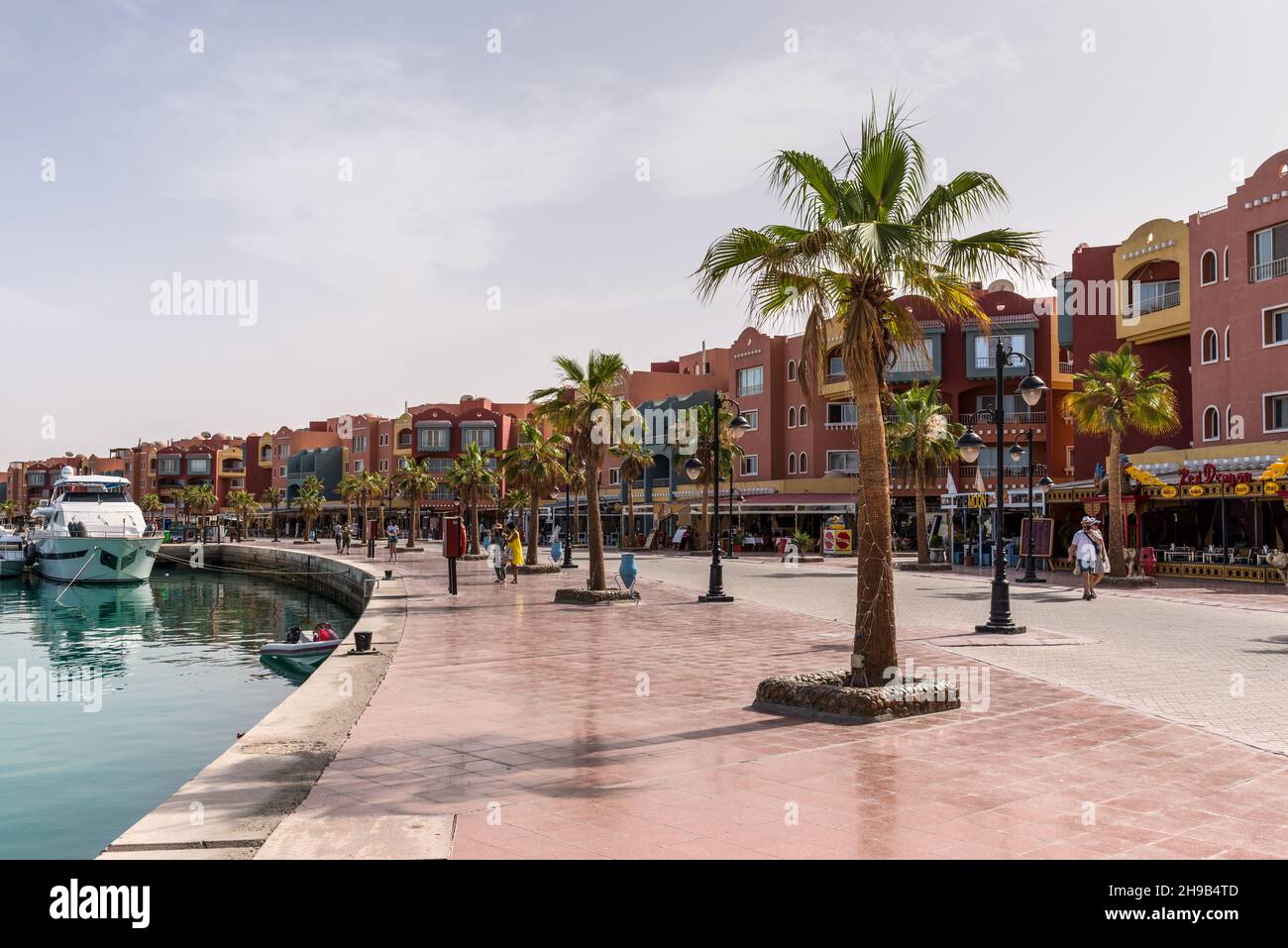 Hurghada, Egypt - May 31, 2021: Colorful promenade street of New Marina in Hurghada, popular beach resort town along Red Sea coast of Egypt. Stock Photo