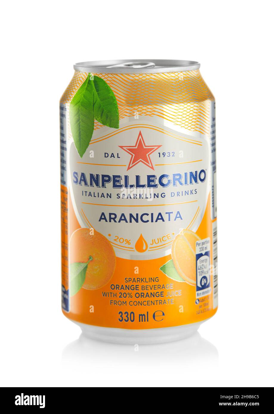 LONDON,UK - OCTOBER 21, 2021 : Aluminium can of Sanpellegrino soda soft drink with Orange juice on white Stock Photo