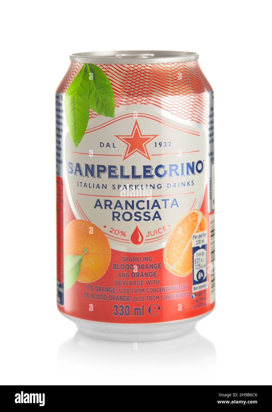 LONDON,UK - OCTOBER 21, 2021 : Aluminium can of Sanpellegrino soda soft drink with Red Orange juice on white Stock Photo