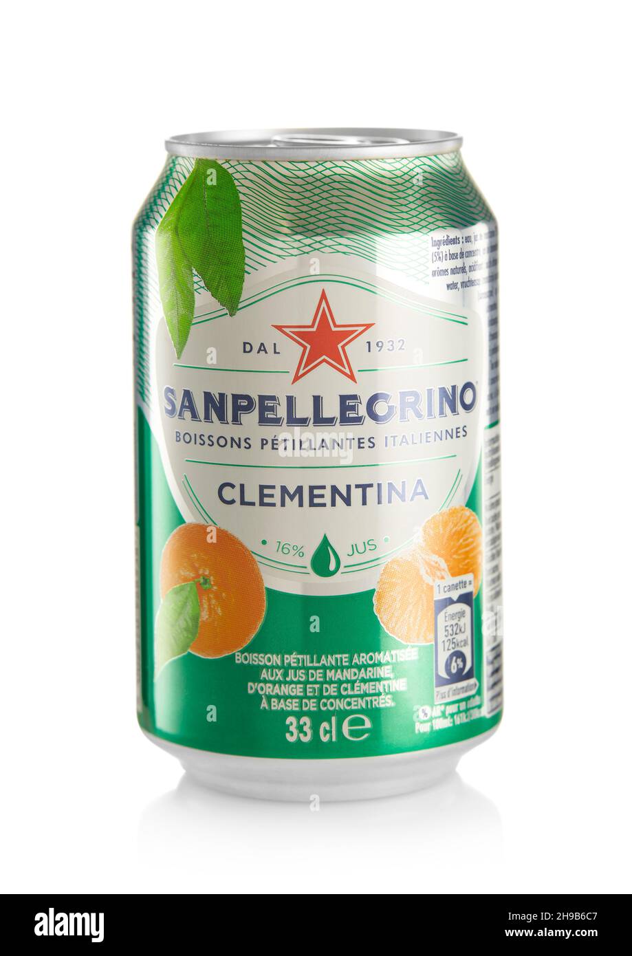 LONDON,UK - OCTOBER 21, 2021 : Aluminium can of Sanpellegrino soda soft drink with Tangerine juice on white Stock Photo