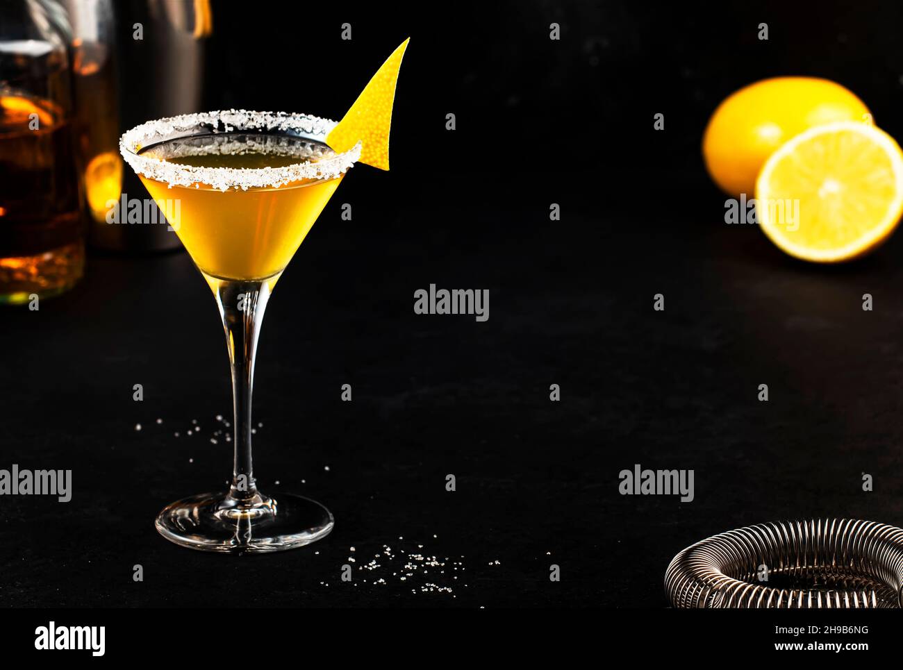 Sidecar classic alcoholic cocktail with cognac, liqueur, lemon juice