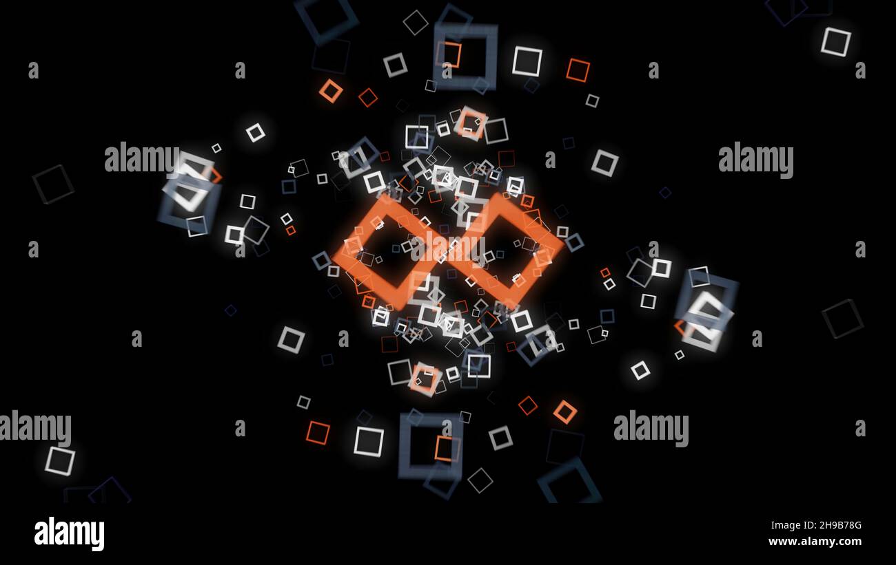 Futuristic background of cubic on black background. Animation. Neon square frames spread out with hypnotic matrix effect on black background. Stock Photo