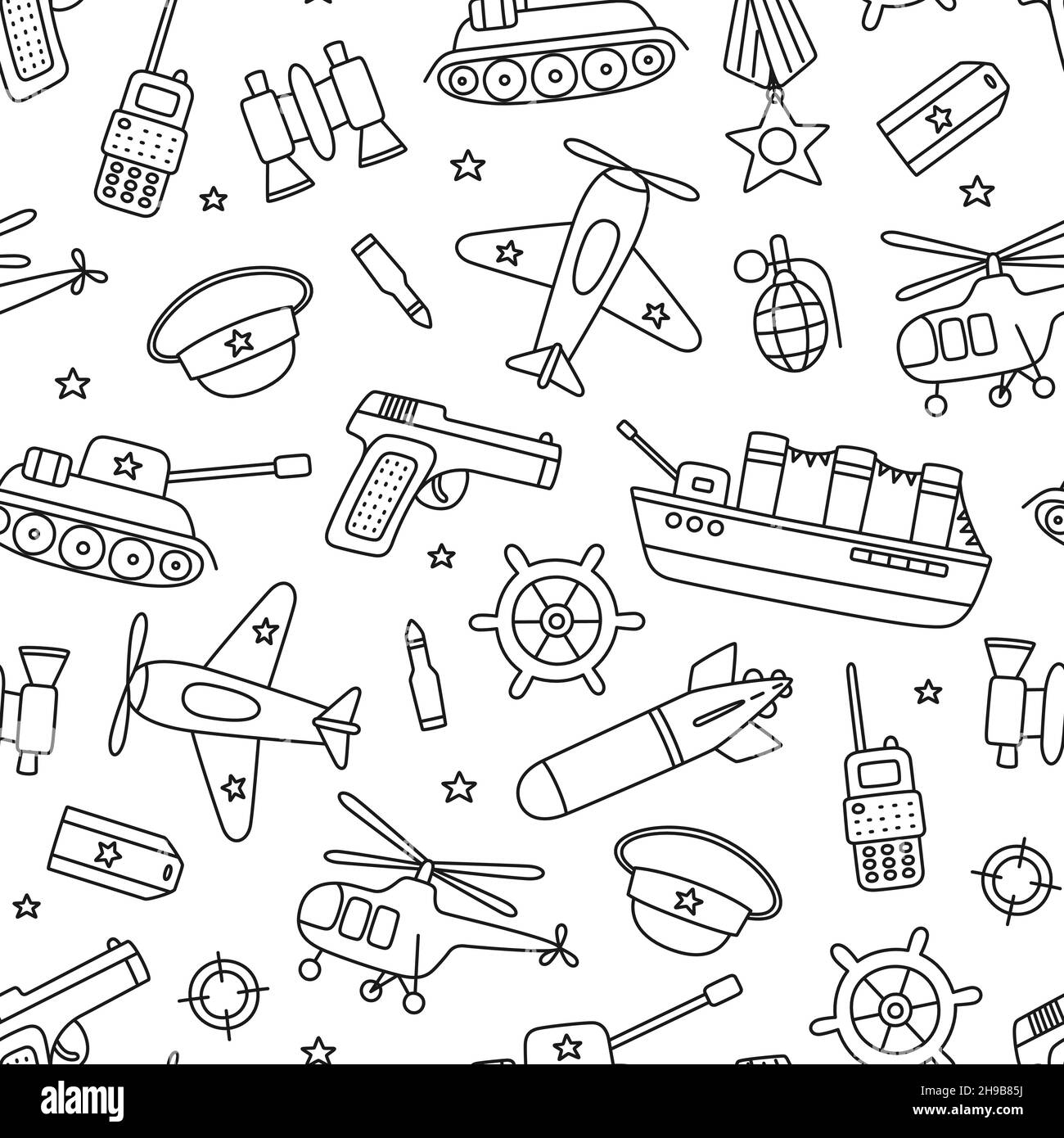 Victory day 9 may seamless pattern. Hand drawn background for Defender of the Fatherland Day 23 february. Kid drawing for army day. Doodle vector Stock Vector