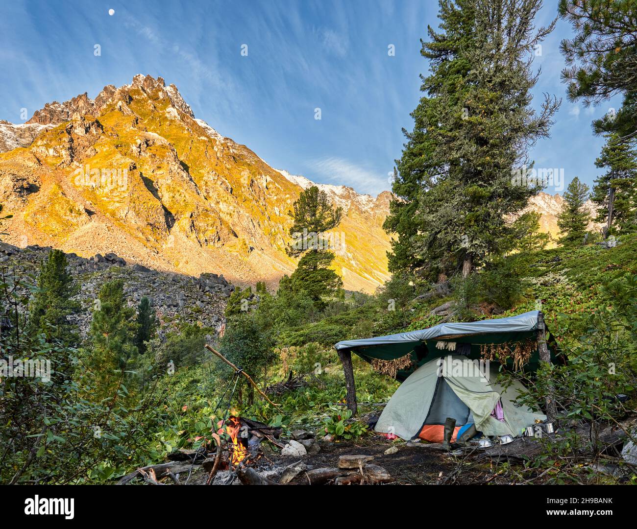 Tourist camp in the Siberian mountains. Hiking. Eastern Sayan. Buryatia. Russia Stock Photo