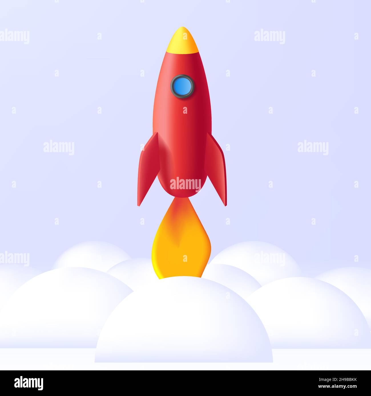 Modern digital red rocket 3D render fluying up in clouds, stylized graphic Stock Vector