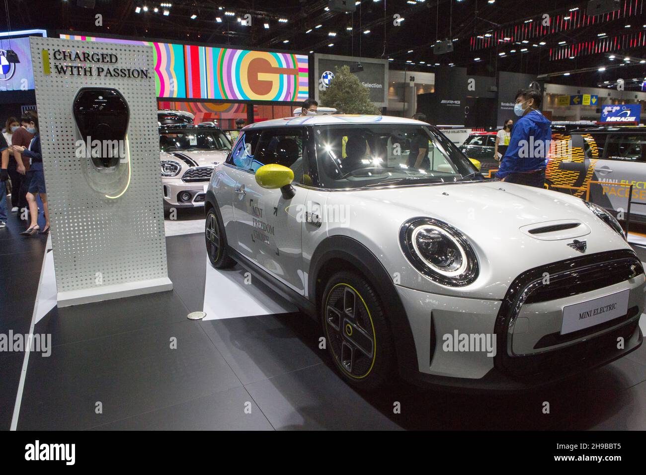 Parkked, Thailand. 04th Dec, 2021. The Mini booth brought electric cars to the show at the event.The event 'The 38th Motor Expo - Motor Expo 2021' under the concept of 'Happy Motor Vehicles' (TIME to ENJOY!), a meeting place and exchanging opinions of those who love cars This event collects new cars of the year. with full promotions for the end of the year 2021, starting from 1-12 December 2021 at the IMPACT Challenger 1-3 Building, Muang Thong Thani. (Photo by Atiwat Silpamethanont/Pacific Press) Credit: Pacific Press Media Production Corp./Alamy Live News Stock Photo