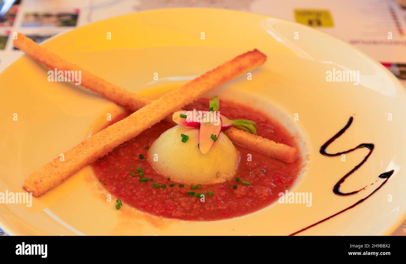 Bowl of Gazpacho, chilled tomato soup. Stock Photo