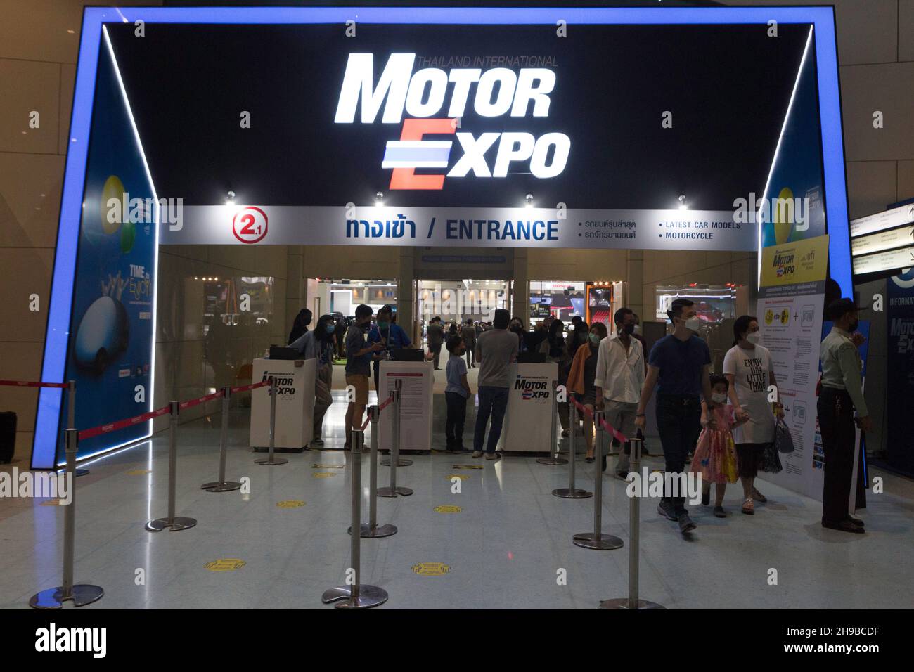 Parkked, Nonthaburi, Thailand. 4th Dec, 2021. Entrance door to motor expo 2021.The event ''The 38th Motor Expo - Motor Expo 2021'' under the concept of ''Happy Motor Vehicles'' (TIME to ENJOY!), a meeting place and exchanging opinions of those who love cars This event collects new cars of the year. with full promotions for the end of the year 2021, starting from 1-12 December 2021 at the IMPACT Challenger 1-3 Building, Muang Thong Thani. (Credit Image: © Atiwat Silpamethanont/Pacific Press via ZUMA Press Wire) Stock Photo