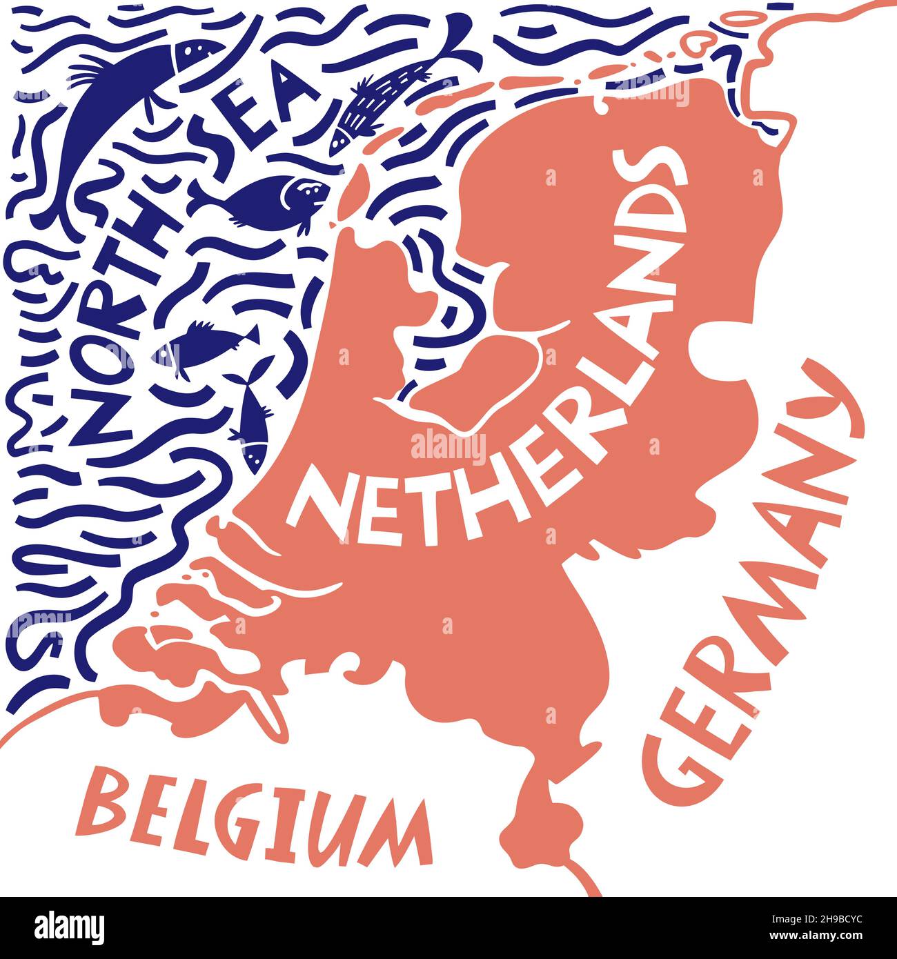 Vector hand drawn stylized map of Netherlands with neighboring countries. Netherlands Kingdom travel illustration. Geography illustration. European ma Stock Vector