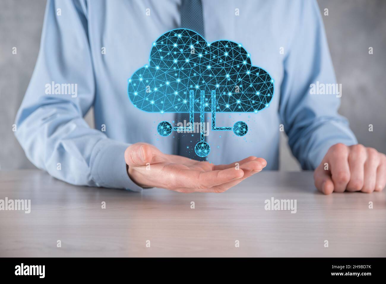 Cloud technology. Polygonal wireframe cloud storage sign with data collection icon on dark blue. Cloud computing, big data center, future infrastructu Stock Photo