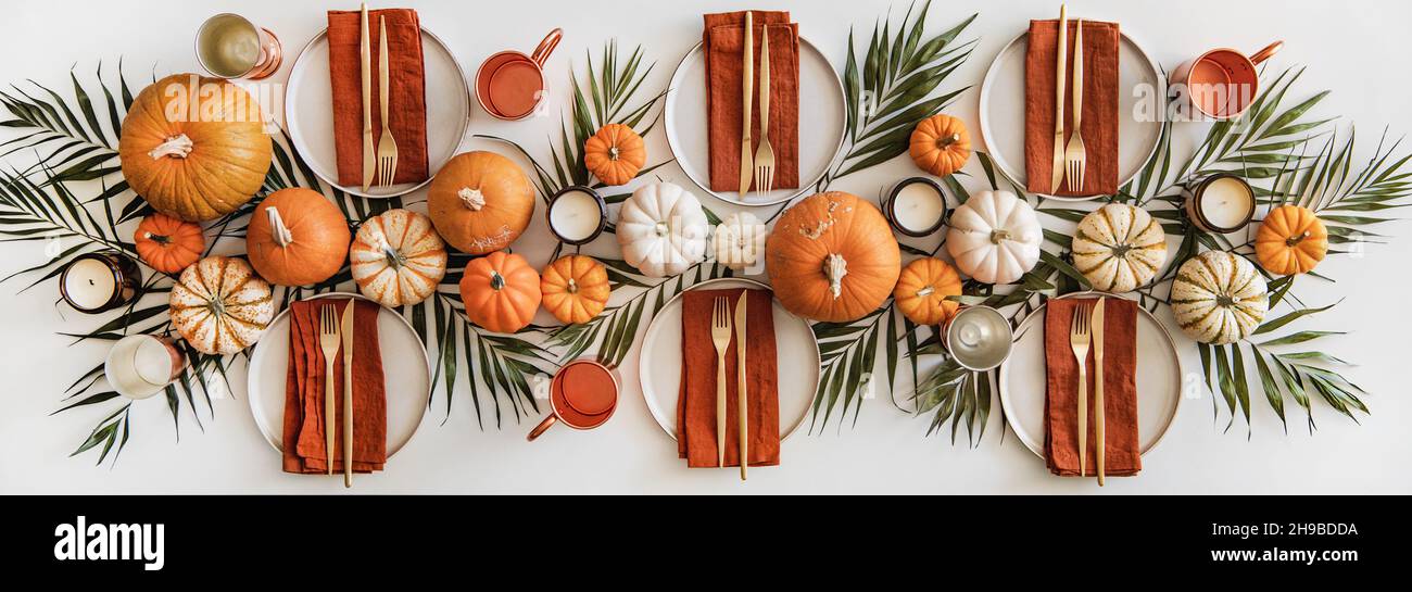 Decorated festive table for Thanksgiving day dinner Stock Photo