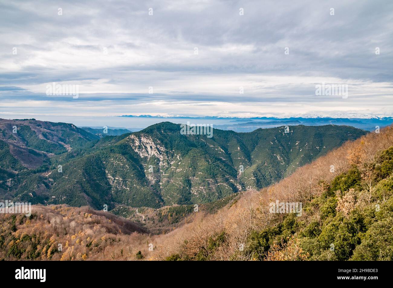 viwe of The Pyrenees from Sant Miquel de Solterra, The Guilleries Massif, Catalonia, Spain Stock Photo