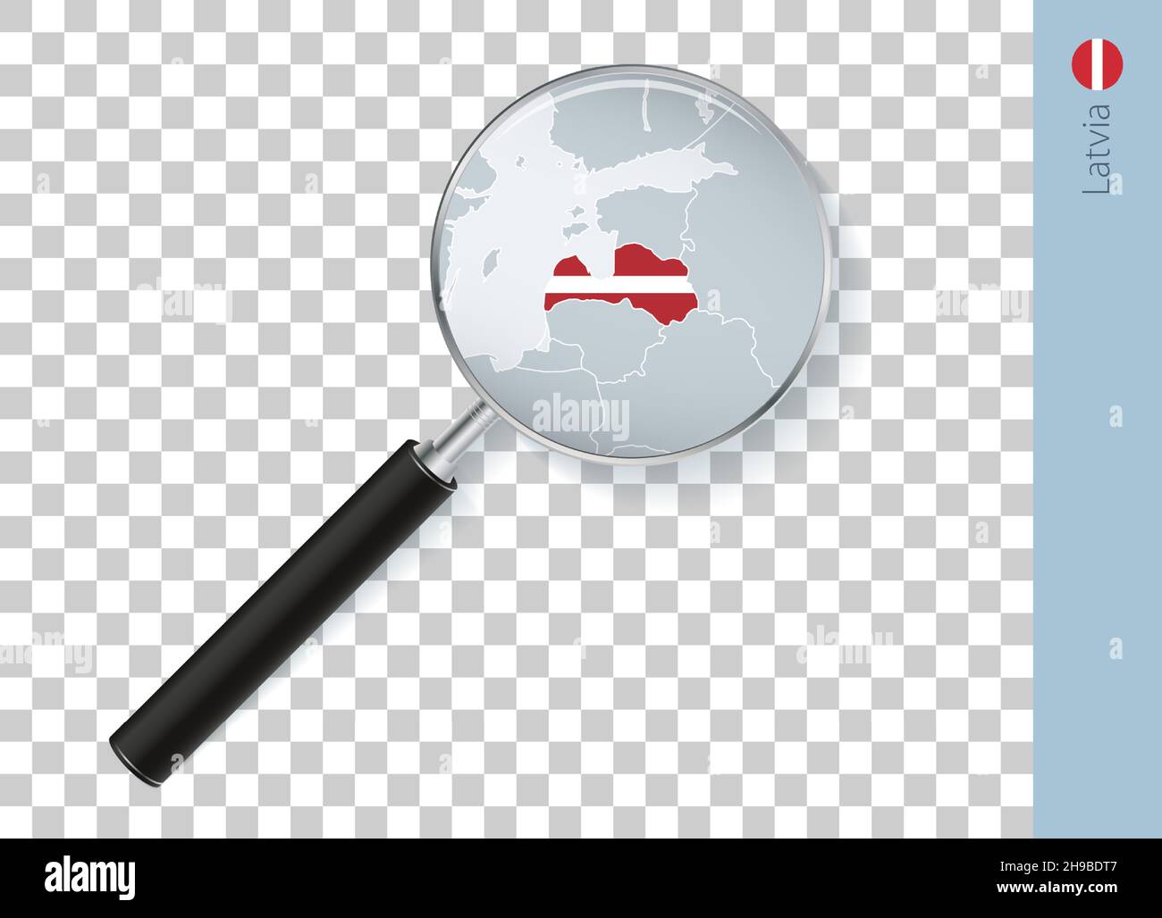 Latvia map with flag in magnifying glass on transparent background. Vector loupe with map. Stock Vector