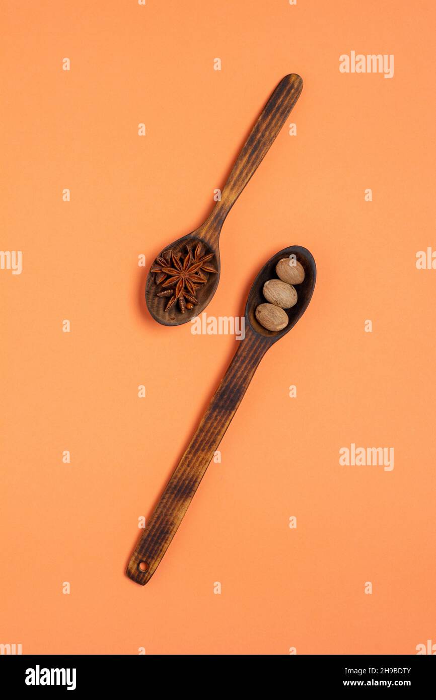 anise star and nutmeg in spoon on colorful background with copy space. Flat lay background Stock Photo