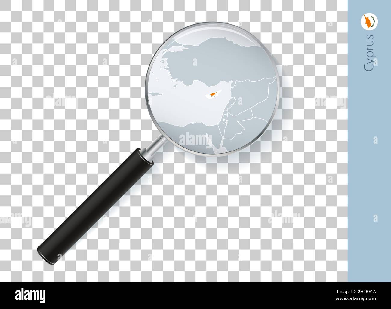 Cyprus map with flag in magnifying glass on transparent background. Vector loupe with map. Stock Vector