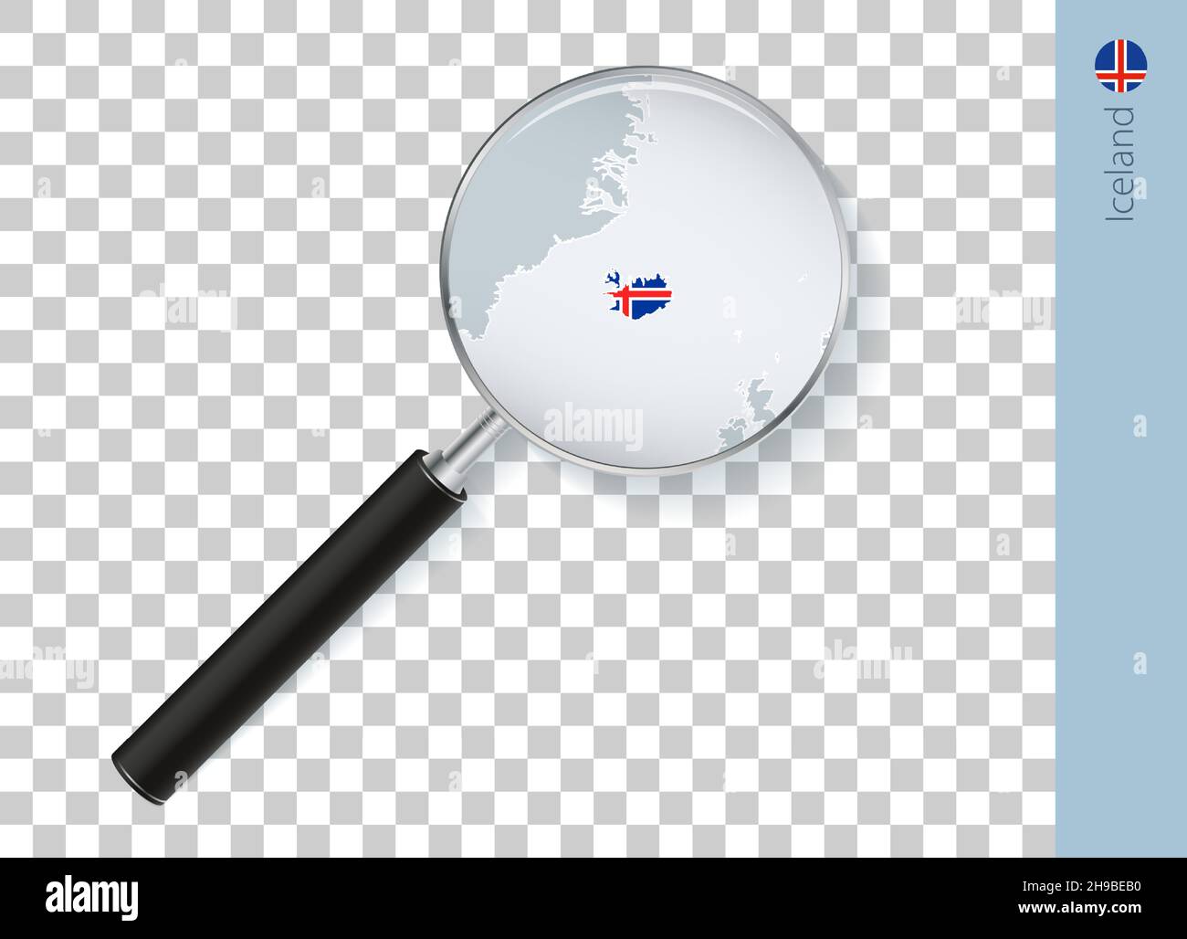 Iceland map with flag in magnifying glass on transparent background. Vector loupe with map. Stock Vector