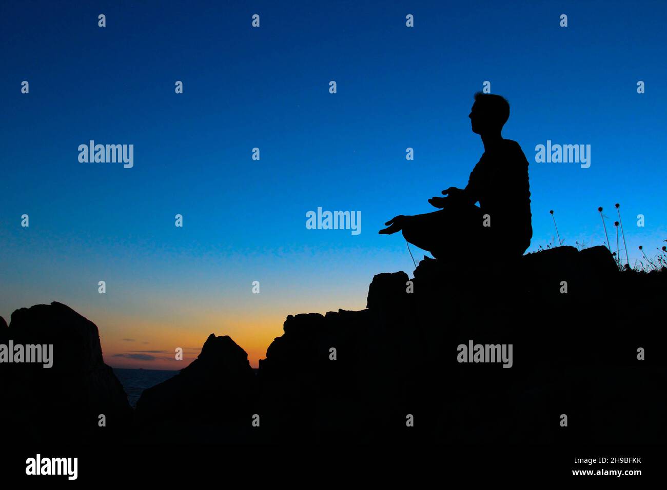 Sonnenuntergang Silhouette Yoga Stock Photo