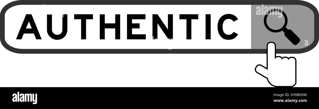 Search banner in word authentic with hand over magnifier icon on white ...