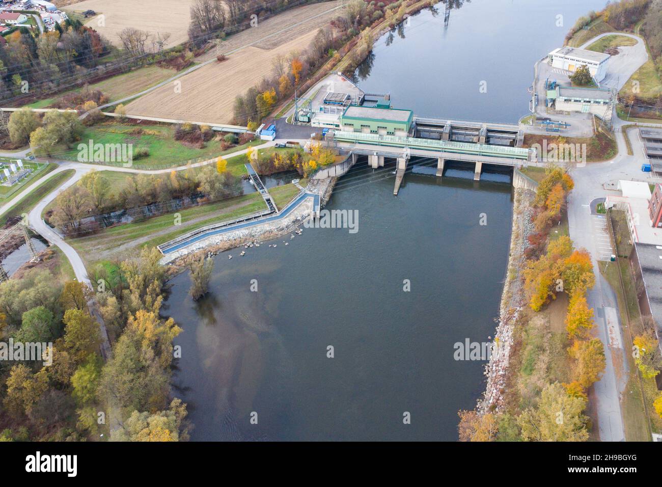 Aerial view of a hydro electric power plant at the river mur near Graz Stock Photo
