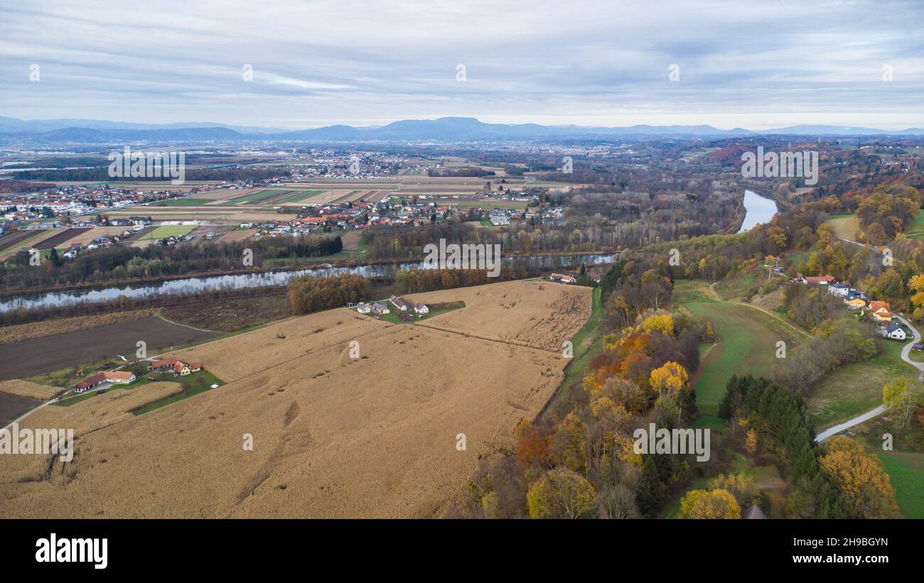 Aerial view of the area Grazer Becken south of the city of Graz with farmland and houses Stock Photo