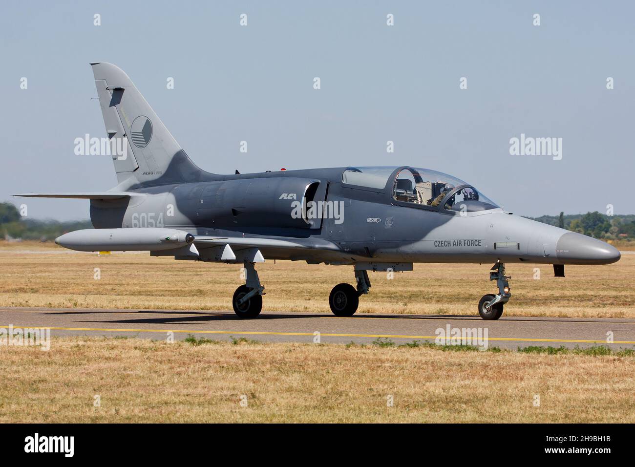 KECSKEMET, HUNGARY - Aug 09, 2013: Czech Air Force L-159 ALCA light attack fighter jet on the ground taxiing to the runway Stock Photo