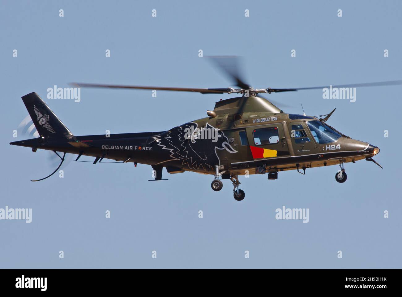 KECSKEMET, HUNGARY - Sep 29, 2013: Belgium Air Force army helicopter Agusta A109 in the air Stock Photo