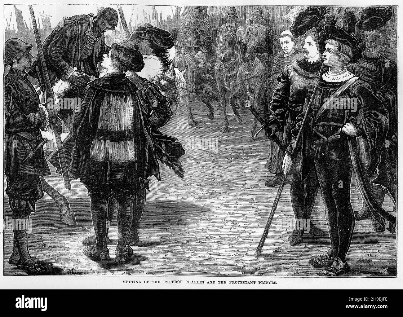 Engraving of Emperor Charles meeting the Protestant Princes Stock Photo