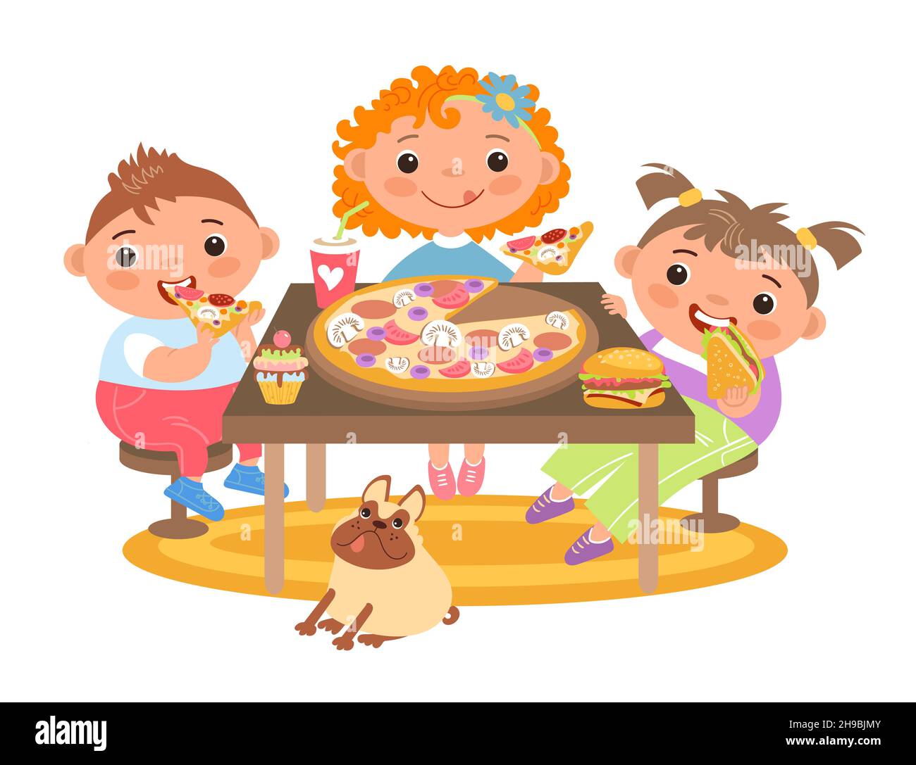 Children eat together. Kids breakfast, hungry friends at table eat lunch,  happy girls and boy with fast food. Burger, pizza and sandwich, vector  Stock Vector Image & Art - Alamy