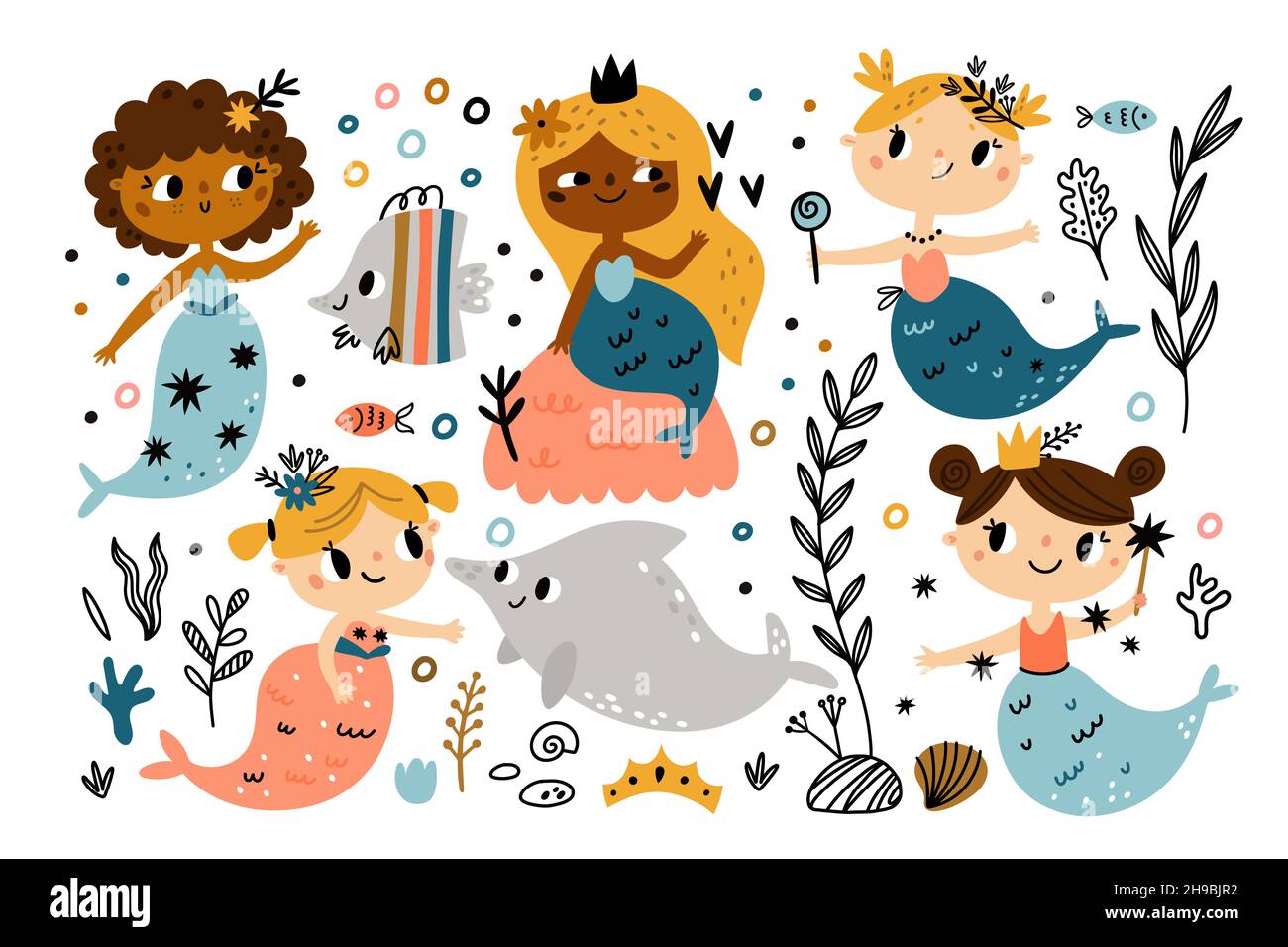 Cute mermaids. Little girls with fish tails, funny fabulous creatures,  sweet nautical princesses and ocean fishes and seaweed, doodle characters  Stock Vector Image & Art - Alamy