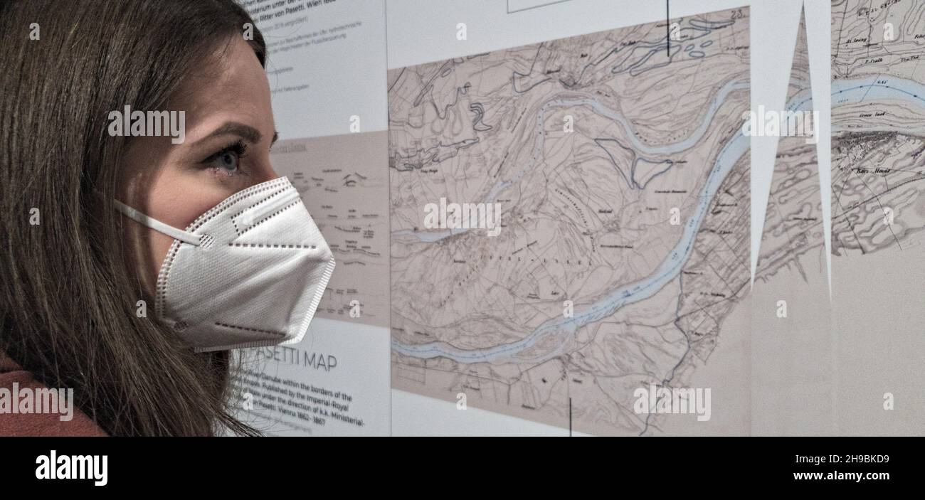 Austrian girl wearing a mask inside a museum in Vienna, Austria Stock