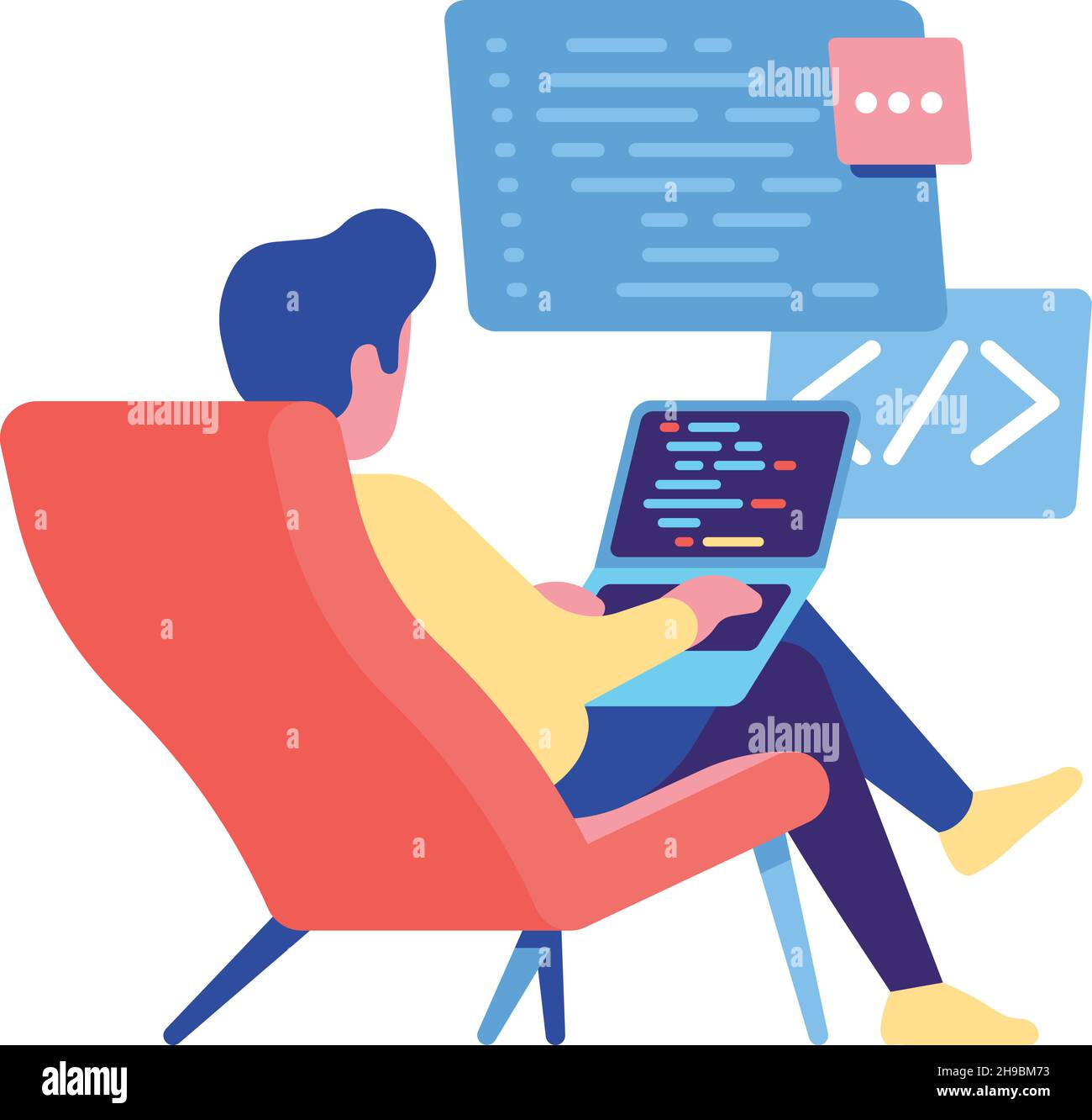 Developer working from home. Man sitting on chair and coding on laptop ...