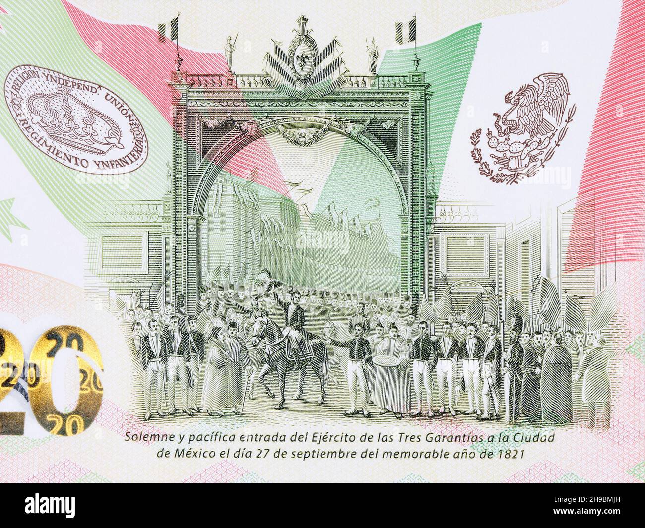 Arrival to Mexico City of the Army of the Triple Guarantee on 27 September 1821 from money Stock Photo