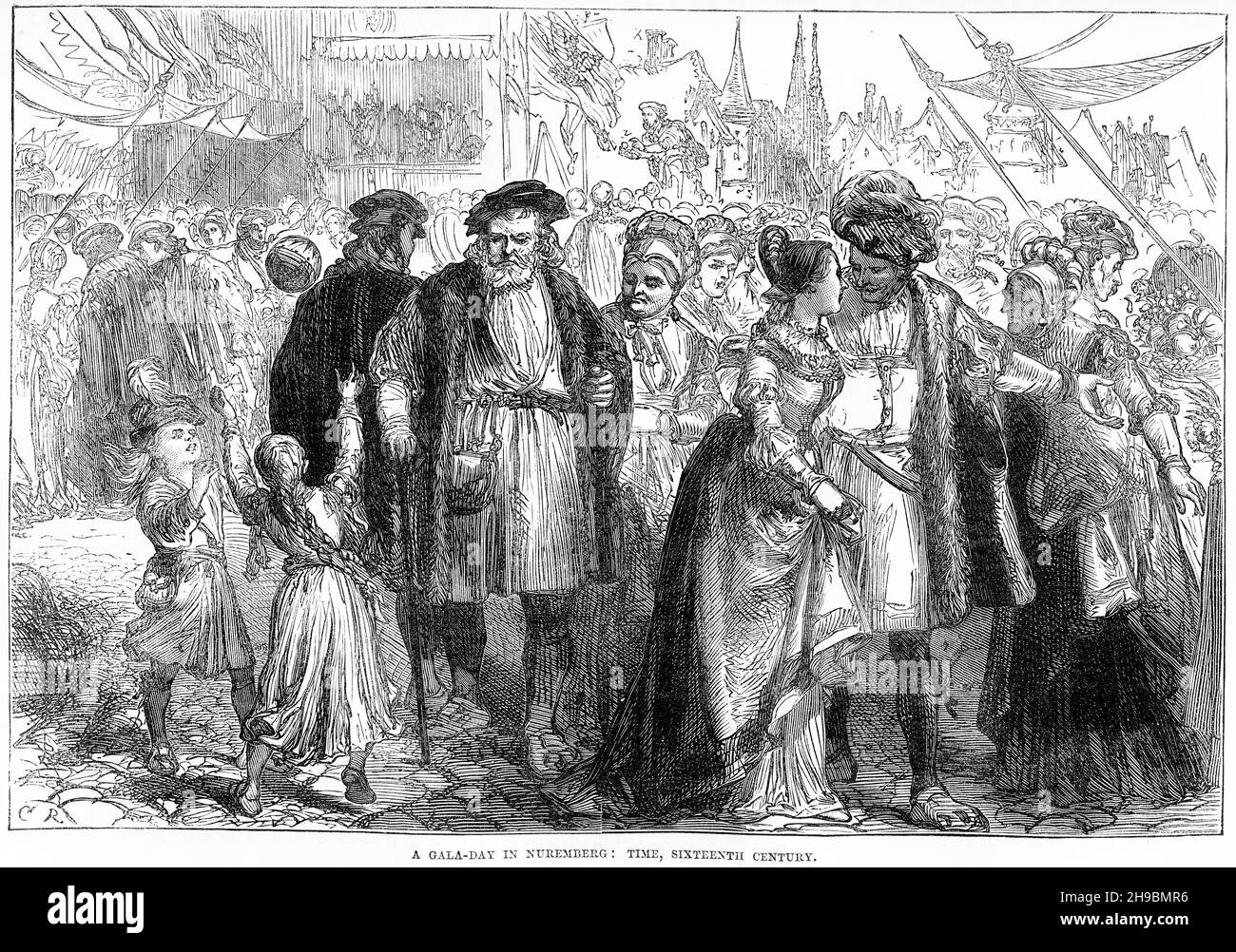 Engraving of a gala day in Nuremberg, Germany, during the 1500s Stock Photo