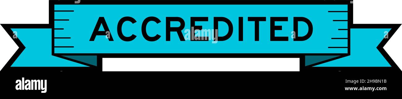 Ribbon label banner with word accredited in blue color on white