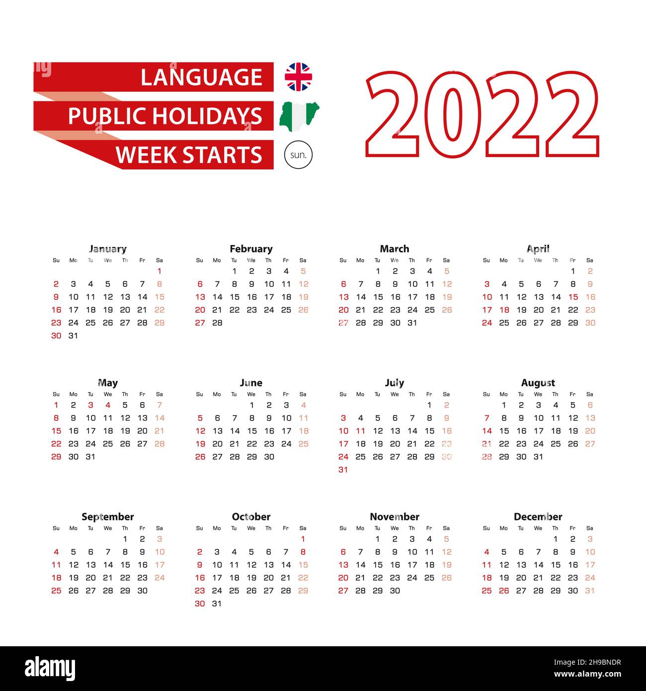 Calendar 2022 in English language with public holidays the country of  Nigeria in year 2022. Week starts from Sunday. Vector Illustration Stock  Vector Image & Art - Alamy