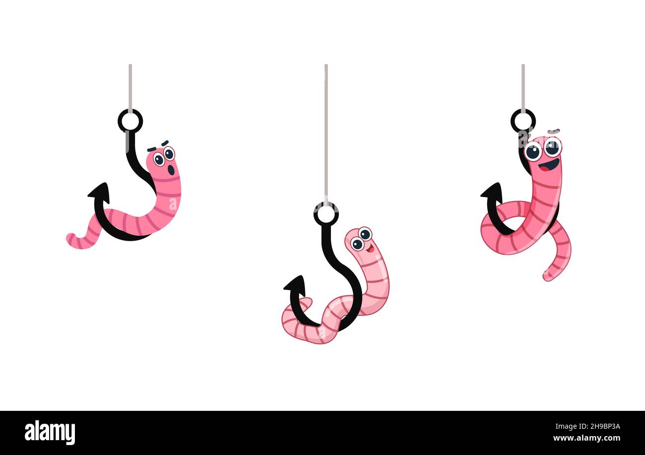 Set Cartoon worm on a hook. Emotion horror. vector illustration. character icon Earthworm. flat style. Crawling animal creature. isolated on a white b Stock Vector
