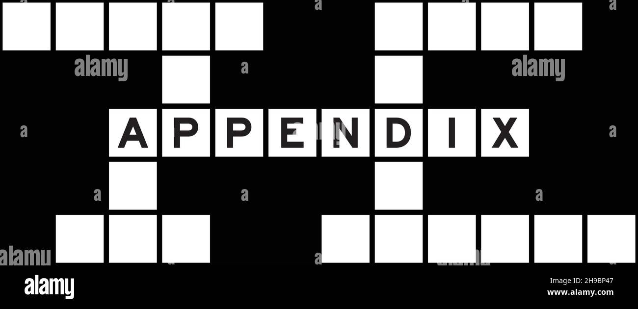 Alphabet letter in word appendix on crossword puzzle background Stock