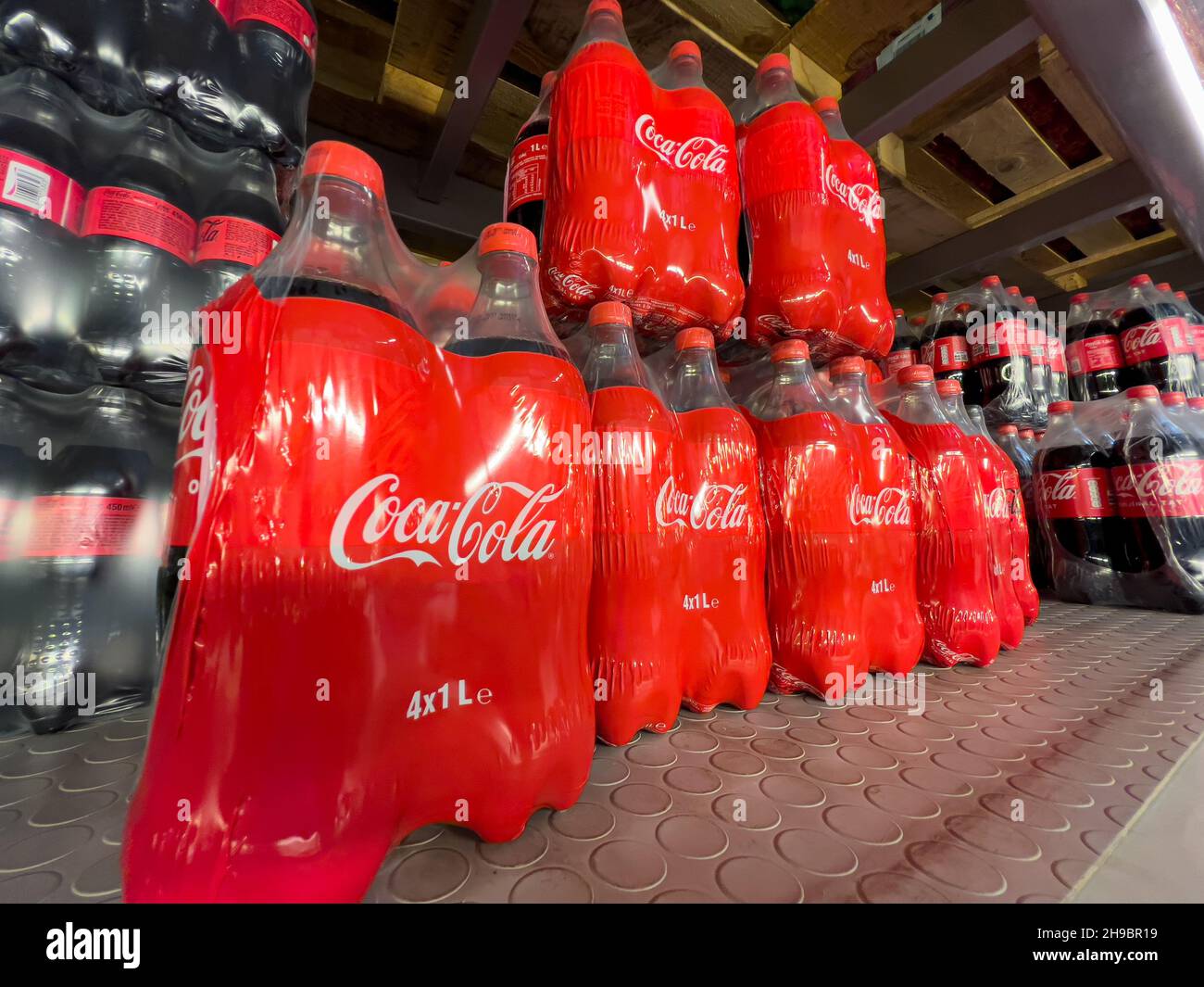 Antalya, Turkey December 05, 2021 2.5 liter Coca Cola pet bottles