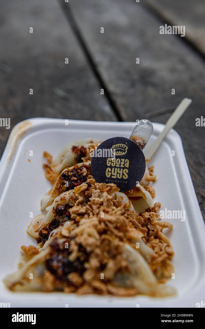 A streetfood stall Gyoza Guys by Amir Pem at Maltby Street Market in London on a Saturday morning Stock Photo