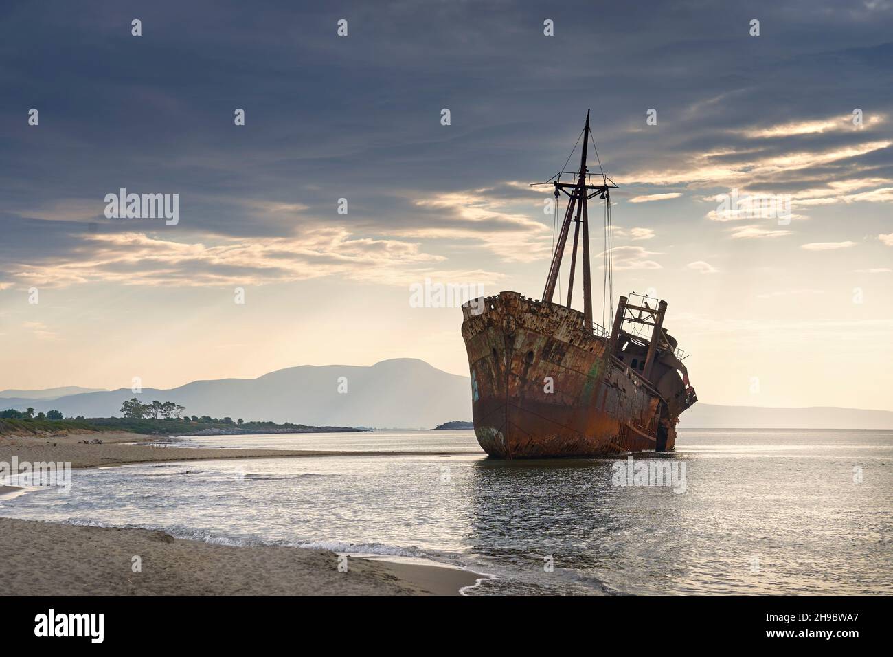 Shipwreck in Glyfada Beach near Gytheio, Peloponnese, Greece Stock Photo