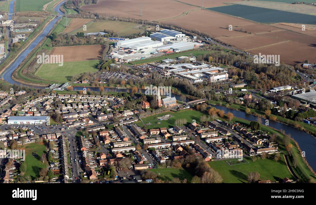 aerial view of the Fulney area of Spalding, looking north east with Lidl, St Pauls Church and in the distance industry on Marsh Road Stock Photo