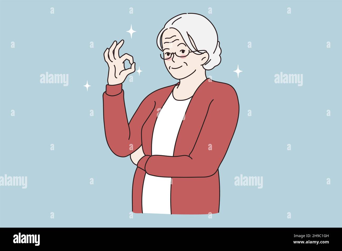 Ok good sign gesture concept. Smiling elderly mature grey haired woman standing showing ok sign with fingers on hand looking at camera vector illustration  Stock Vector